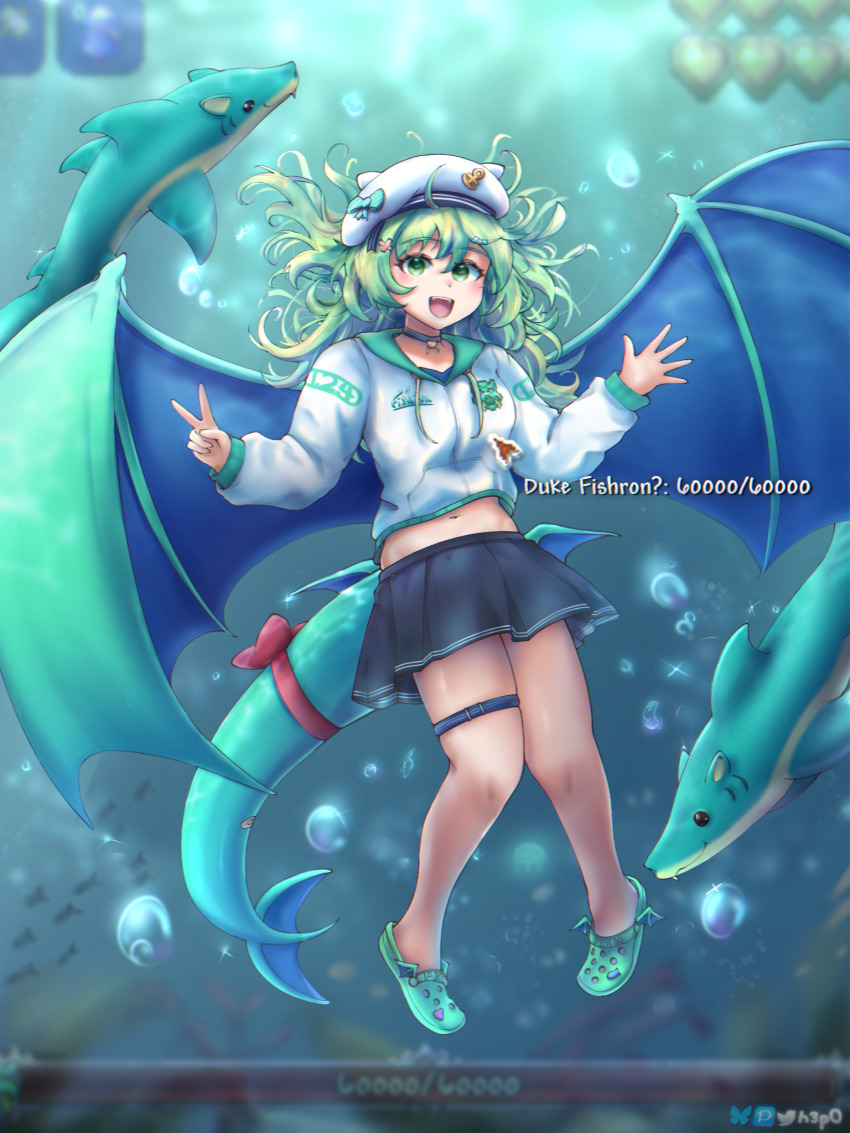 dragon_tail dragon_wings duke_fishron h3p0 hat highres hood hoodie non-web_source ocean sailor_hat shark skirt tail terraria underwater white_hoodie wings