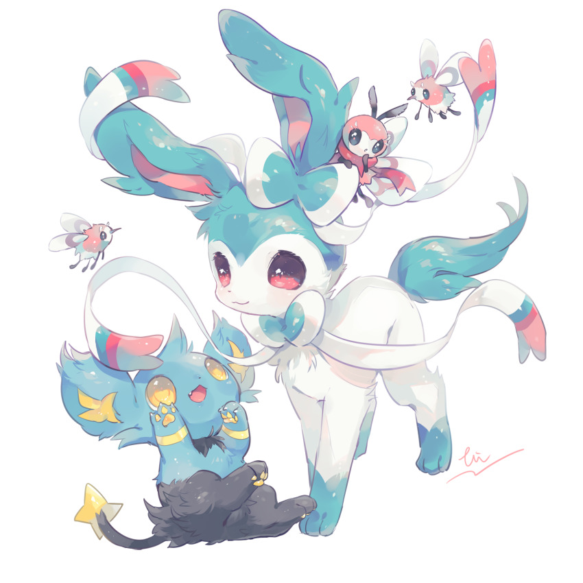 alternate_color bad_id bad_pixiv_id blush body_fur closed_mouth commentary_request cutiefly fang gen_4_pokemon gen_6_pokemon gen_7_pokemon hideko_(l33l3b) highres nintendo no_humans open_mouth pink_eyes pokemon pokemon_(creature) ribombee shinx shiny_pokemon signature smile sylveon tongue white_background yellow_eyes