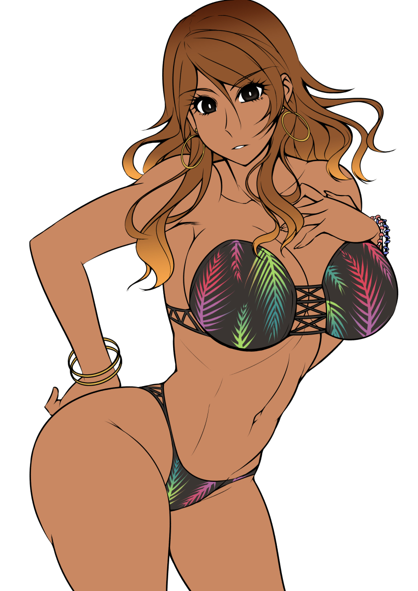 1girl absurdres bikini bracelet breasts brown_eyes brown_hair cleavage curvy dark_skin dark-skinned_female earrings gyaru hand_on_own_hip hand_on_own_chest highres idolmaster idolmaster_shiny_colors izumi_mei jewelry large_breasts long_hair looking_at_viewer myougi_kuraganosuke navel simple_background smile solo swimsuit thong_bikini white_background