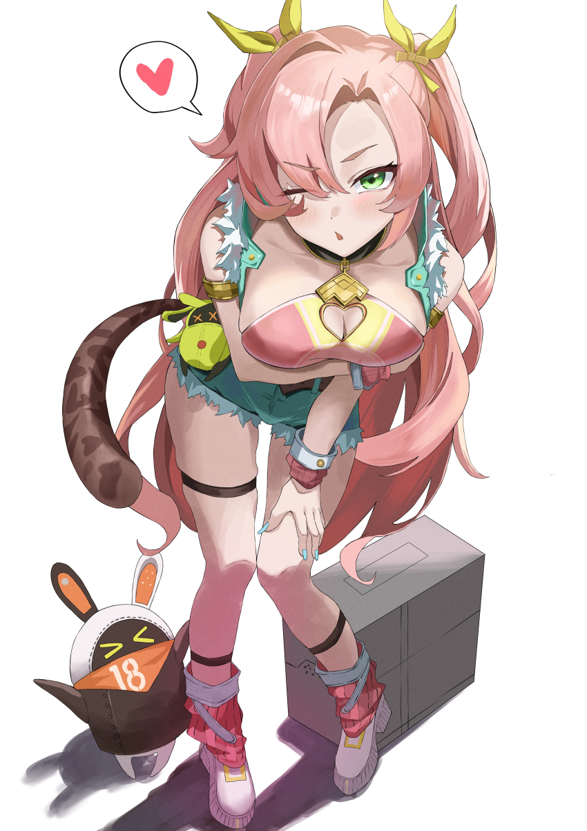 &gt;_&lt; 1girl ;o absurdres amillion_(zenless_zone_zero) aqua_nails arm_under_breasts bangboo_(zenless_zone_zero) bangboo_18_(zenless_zone_zero) black_collar breasts cat_tail collar commentary cutoffs denim denim_shorts full_body fur-trimmed_vest fur_trim green_eyes hair_ribbon heart higashiwun_izumi highres large_breasts leaning_forward looking_at_viewer nicole_demara nicole_demara_(cunning_cutie) official_alternate_costume one_eye_closed pink_hair ribbed_socks ribbon shoes shorts simple_background socks solo_focus spoken_heart standing tail thigh_strap vest white_background zenless_zone_zero