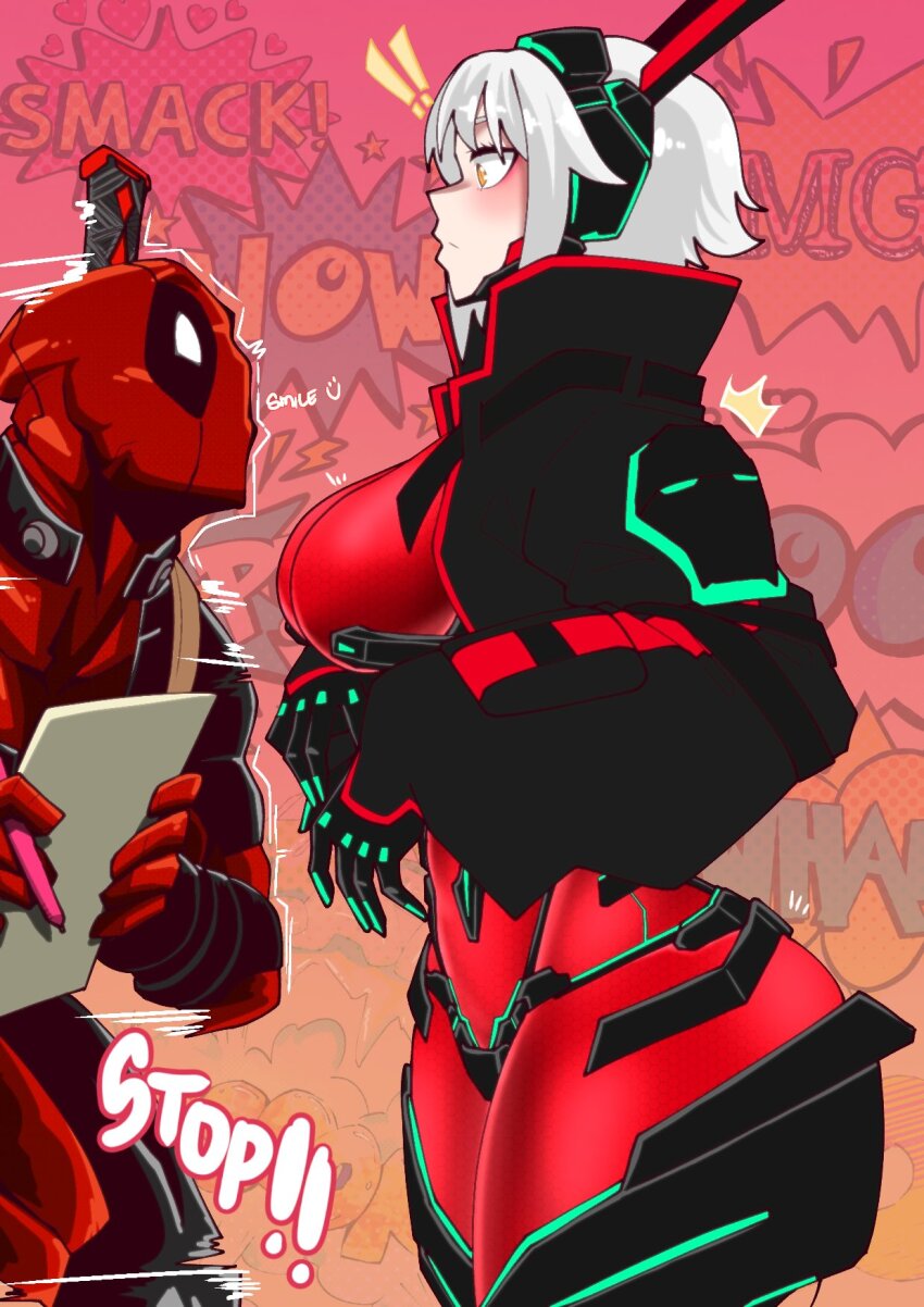 ! !! 1boy 1girl binsake6969 black_bodysuit black_jacket bodysuit breasts chin_guard closed_mouth deadpool deadpool_(series) grey_hair highres holding holding_paper holding_pen horns jacket large_breasts marvel mechanical_horns paper pen red_bodysuit red_mask short_hair superhero_costume sword sword_on_back two-tone_bodysuit virtual_youtuber vshojo weapon weapon_on_back yellow_eyes zentreya zentreya_(cyborg) zentreya_(cyborg)_(1st_costume)