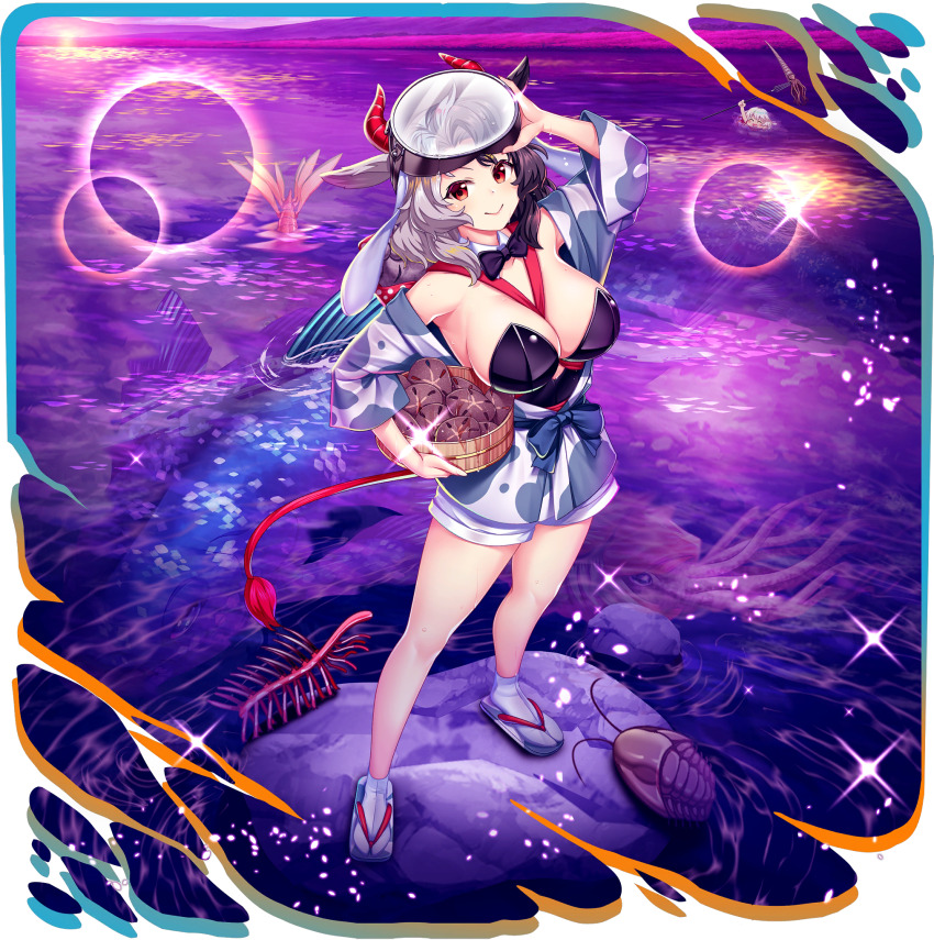 2girls alternate_costume animal_ears animal_print bad_tag black_hair black_leotard breasts cleavage closed_mouth coral cow_ears cow_girl cow_horns cow_print cow_tail ebisu_eika fish full_body game_cg grey_sandals hallucigenia highres horns isopod large_breasts leotard leotard_under_clothes looking_at_viewer multicolored_hair multiple_girls nautilus_(animal) official_art orthocone prehistoric_animal red_eyes red_horns rotte_(1109) sandals smile split-color_hair tail third-party_source touhou touhou_lostword transparent_background trilobite two-tone_hair ushizaki_urumi ushizaki_urumi_(bunny_sanzu_river_guard) white_hair