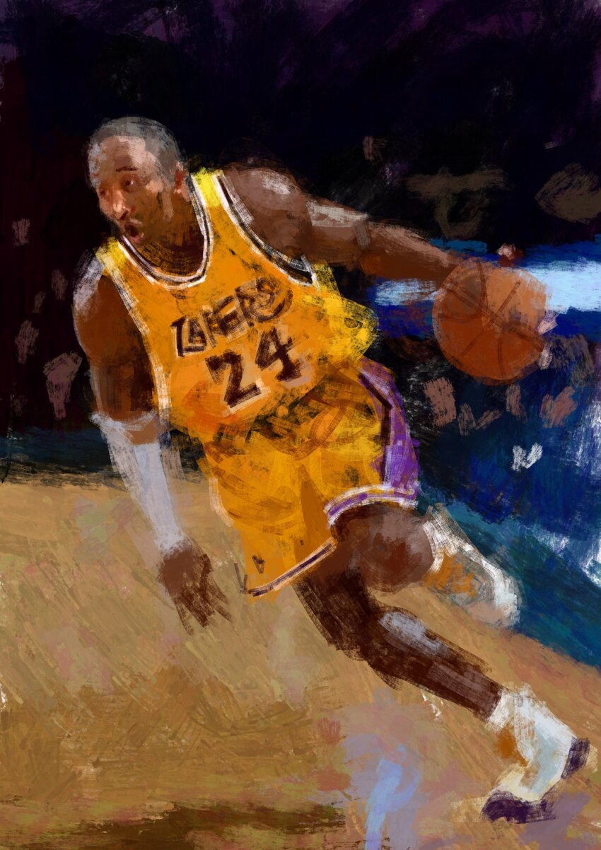 1boy ball basketball basketball_(object) basketball_jersey basketball_uniform dark-skinned_male dark_skin fuyumurasaki highres holding kobe_bryant los_angeles_lakers male_focus noname_naname open_mouth painterly realistic running shoes short_hair shorts sneakers solo sportswear very_short_hair vest white_shoes white_sneakers yellow_shorts yellow_vest
