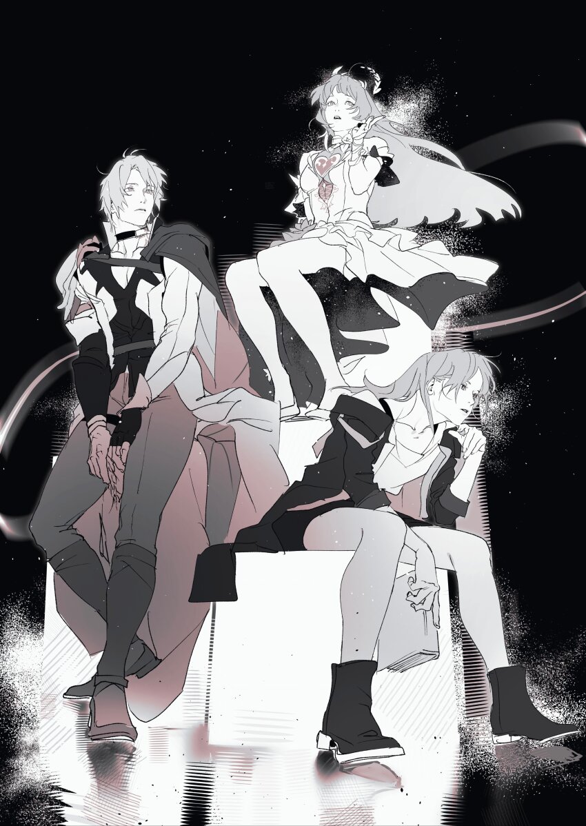 1boy 2girls absurdres alic52156085 antenna_hair arm_ribbon armor bare_shoulders boots breasts cape choker closed_mouth collarbone cyrene_(honkai:_star_rail) cyrene_(ripples_of_past_reverie)_(honkai:_star_rail) dress fingerless_gloves fingernails floating_clothes floating_hair full_body gloves greyscale hair_between_eyes hair_ornament hair_ribbon hand_up heart heart_print highres honkai:_star_rail honkai_(series) jacket lapels leaf_hair_ornament lips long_hair long_sleeves looking_to_the_side medium_breasts miniskirt monochrome multiple_girls neck_tattoo off-shoulder_dress off_shoulder official_alternate_costume official_alternate_hairstyle open_clothes open_jacket open_mouth pants phainon_(honkai:_star_rail) reflection ribbon shirt shoes short_hair short_sleeves shoulder_armor sidelocks simple_background single_glove sitting skirt stelle_(honkai:_star_rail) sun_symbol sun_tattoo t-shirt tan tattoo teeth thigh_strap trailblazer_(honkai:_star_rail) two-sided_cape two-sided_dress two-sided_fabric