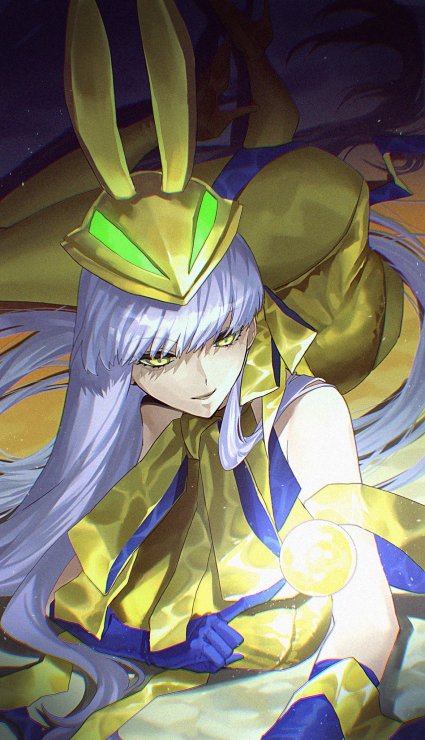 1girl animal_ears bb_(fate) blue_gloves breasts fate/grand_order fate_(series) gloves gold_hat gold_ribbon golden_bb_(fate) high_heels highres huge_breasts long_hair looking_at_object lying mat_uskr_tam miniature moon on_side purple_hair rabbit_ears ribbon solo two-tone_ribbon very_long_hair yellow_eyes