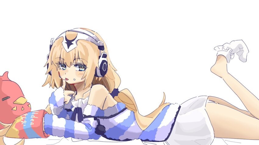 1girl blonde_hair chips_(food) dress fate/grand_order fate_(series) food food_on_face headphones jeanne_d&#039;arc_(fate) licking licking_finger long_hair lying metatron_jeanne_(fate) metatron_jeanne_(second_ascension)_(fate) on_stomach potato_chips socks stuffed_animal stuffed_bird stuffed_toy tongue tongue_out ui_3138 white_background white_dress white_socks yellow_eyes
