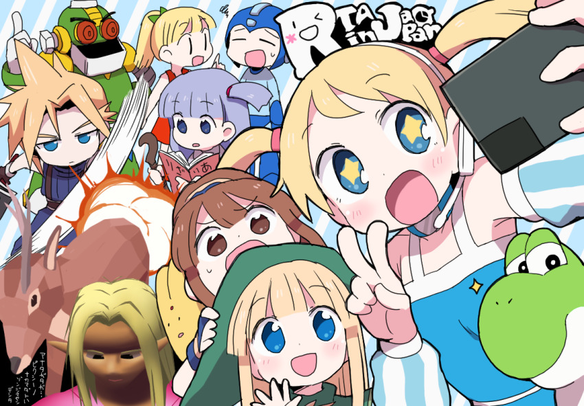 :d ancient_roman:_power_of_dark_side android arle_nadja auto_(mega_man) blonde_hair blue_dress blue_eyes blue_hat blush book bow brown_eyes brown_hair carbuncle_(puyopuyo) cellphone closed_eyes cloud_strife commentary_request copyright_name crossover deeeer_simulator deer dokan_(dkn) dress explosion final_fantasy final_fantasy_vii fire_emblem fire_emblem:_mystery_of_the_emblem green_bow green_hat group_picture hair_bow happy hat headphones headset helmet holding holding_book holding_phone index_finger_raised link long_hair looking_at_another looking_at_viewer madou_monogatari mario_(series) marisha_(fire_emblem) mega_man_(character) mega_man_(classic) mega_man_(series) miina_erunoroa multiple_boys multiple_crossover multiple_girls nintendo open_book open_mouth phone purple_hair puyopuyo puyopuyo_n red_dress robot roll_(mega_man) rta-chan rta_in_japan selfie short_hair smartphone smile sparkle spiked_hair squiggle the_legend_of_zelda twintails v witch_(puyopuyo) yoshi