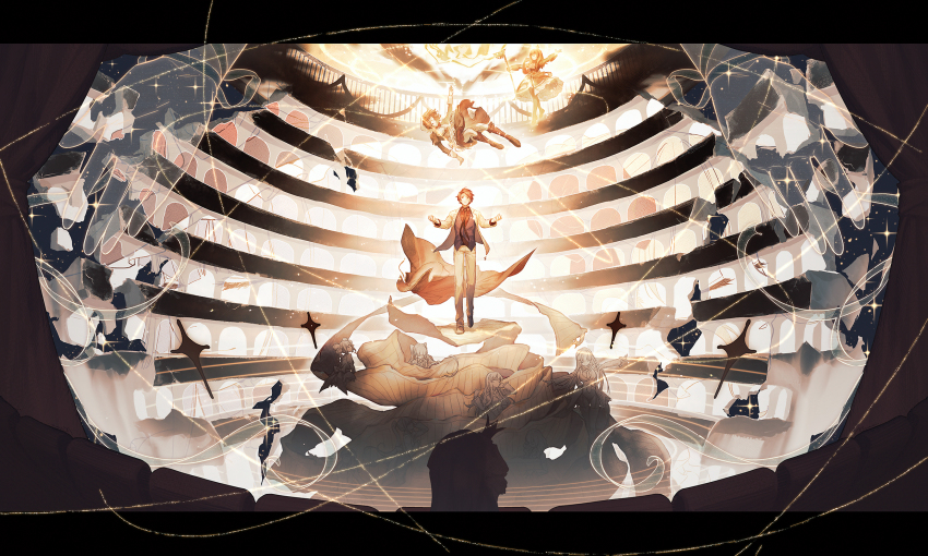 aluce arms_up asmodeus_(umineko) beelzebub_(umineko) belphegor_(umineko) boots brown_hair closed_eyes coat dress falling flower formal_clothes gold hat highres letterboxed leviathan_(umineko) light long_hair looking_up lucifer_(umineko) magic mammon_(umineko) necktie open_mouth outstretched_arms piece_(umineko) red_hair sad satan_(umineko) shannon_(umineko) short_hair staff standing suit umineko_no_naku_koro_ni ushiromiya_battler ushiromiya_maria