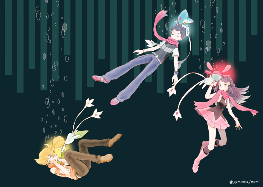1girl 2boys air_bubble azelf barry_(pokemon) blonde_hair boots bracelet brown_footwear brown_pants bubble closed_eyes dawn_(pokemon) floating_scarf gen_4_pokemon glowing green_scarf hair_ornament hairclip jacket jewelry kneehighs legendary_pokemon lucas_(pokemon) memi_(gamemix) mesprit multiple_boys nintendo pants pink_boots pink_skirt pokemon pokemon_(creature) pokemon_dppt scarf shirt shoes short_hair short_sleeves skirt sleeveless sleeveless_shirt socks spiked_hair striped_clothes striped_jacket uxie