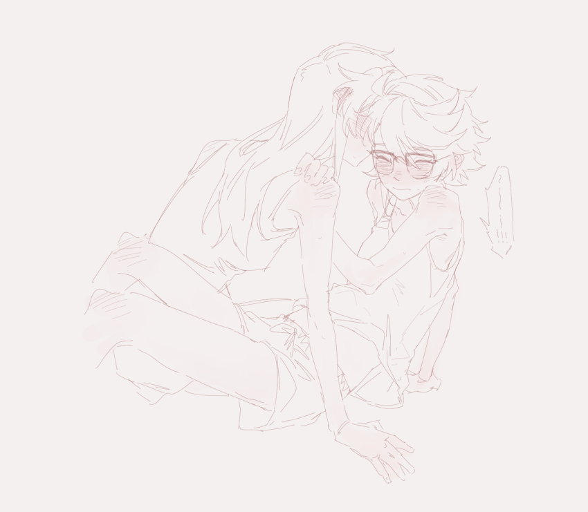 2girls bare_arms bare_shoulders chinese_commentary commentary from_side glasses greyscale highres jiguang_haibao koishikawa_iko long_hair momijiyama_teru monochrome multiple_girls shirt short_hair shorts shy_(series) speech_bubble unfinished yuri