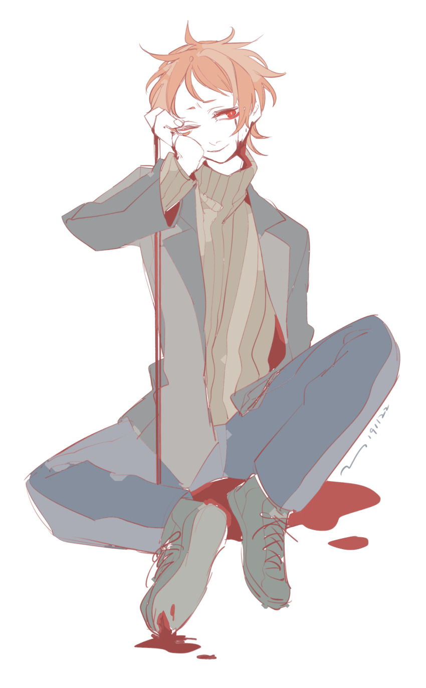 1boy ;) absurdres atou_haruki blood blood_on_ground blood_on_hands blue_pants brown_sweater chinese_commentary closed_mouth colored_skin commentary_request grey_jacket grey_shoes hand_on_own_cheek hand_on_own_face highres jacket long_sleeves male_focus one_eye_closed open_clothes open_jacket orange_hair pants red_eyes ribbed_sweater saibou_shinkyoku shoes short_hair smile solo spoilers sweater turtleneck turtleneck_sweater white_skin yokuhaku