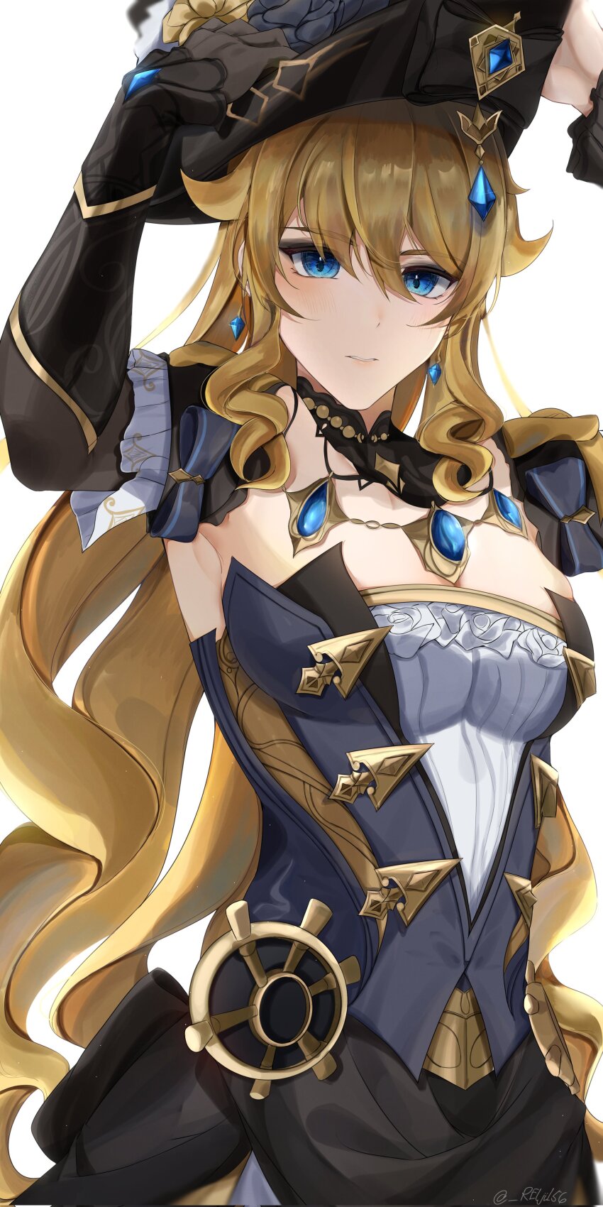 1girl 4reiji absurdres armpits black_collar black_flower black_gloves black_hat black_overskirt black_rose black_sleeves blonde_hair blue_eyes blue_gemstone blush breasts cleavage collar detached_sleeves dress drill_hair drill_sidelocks elbow_gloves eyeshadow flower frills gem genshin_impact gloves gold_trim grey_ribbon grey_skirt hair_between_eyes hands_on_headwear hashtag-only_commentary hat highres jewelry large_breasts light_particles long_hair looking_at_viewer makeup navia_(genshin_impact) necklace parted_lips quad_drills rose ship&#039;s_wheel_ornament sidelocks simple_background single_elbow_glove skirt solo strapless strapless_dress twitter_username upper_body white_background