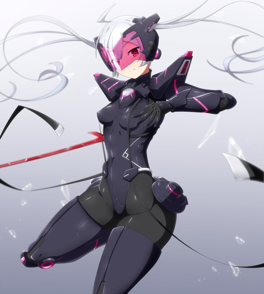1girl armor bodysuit breasts danpu duel_monster grey_hair highres holding holding_sword holding_weapon long_hair pink_visor red_eyes skin_tight sky_striker_ace_-_roze small_breasts solo sword twintails weapon yu-gi-oh! yu-gi-oh!_master_duel
