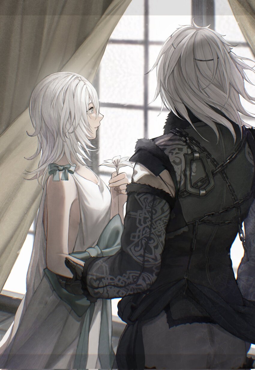 1boy 1girl blue_eyes brother_and_sister closed_mouth dress flower gloves highres long_hair nier nier_(brother) nier_(series) siblings tricoliet white_dress white_hair yonah