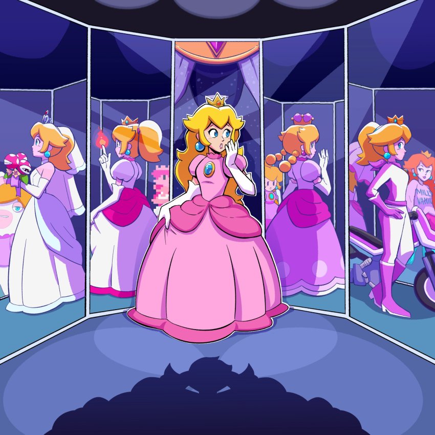 1girl 6+girls band_shirt biker_clothes biker_peach bikesuit blonde_hair blue_earrings blue_eyes bodysuit boots bouquet bowser braid breasts bridal_veil brooch brown_hair crown different_reflection dress earrings elbow_gloves element_bending fire fire_peach flower full_body gloves green_earrings hand_on_own_hip hand_to_own_mouth high_ponytail highres jewelry letitmelo mario_(series) mario_+_rabbids_kingdom_battle mario_kart mario_kart_wii merchandise milli_vanilli mini_crown mirror mob_face motor_vehicle motorcycle multiple_girls multiple_persona new_super_mario_bros._u_deluxe nintendo orange_hair paper_mario paper_mario:_the_thousand_year_door parasol peachette pink_dress pink_gloves piranha_plant pixelated ponytail princess_peach princess_peach_(sunshine) princess_peach_(wedding) puffy_short_sleeves puffy_sleeves pyrokinesis rabbid_peach raised_eyebrows reflection retro_artstyle scarf shadow shadow_queen short_sleeves skirt_hold small_breasts sphere_earrings standing strapless strapless_dress super_crown super_mario_3d_world super_mario_odyssey super_mario_sunshine the_adventures_of_super_mario_bros._3 the_super_mario_bros._super_show! twin_braids umbrella veil wedding_dress white_gloves