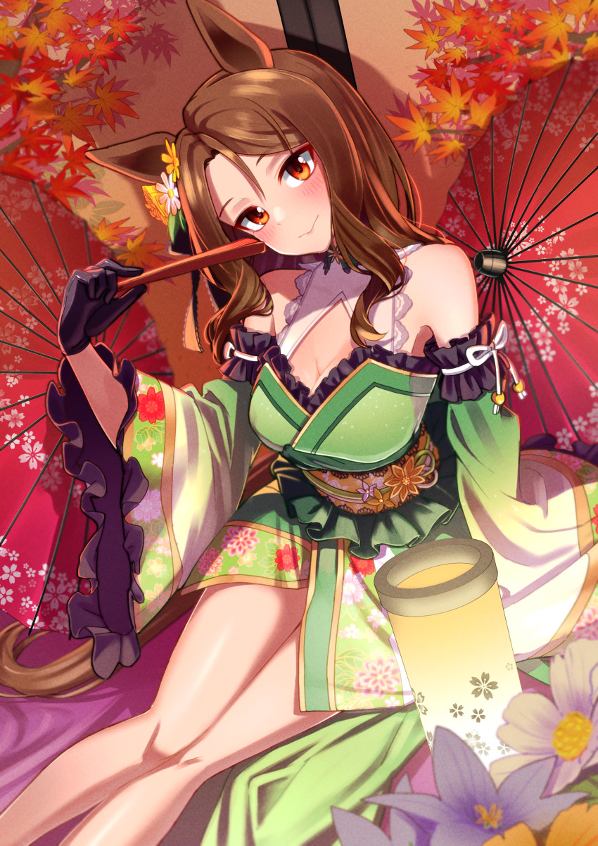 1girl absurdres animal_ears bare_shoulders black_gloves breasts brown_hair cleavage commission detached_sleeves floral_print flower freely2327 frilled_kimono frilled_sleeves frills gloves gold_city_(akizakura_danzatrice)_(umamusume) gold_city_(umamusume) green_kimono hair_between_eyes hand_fan highres holding holding_fan horse_ears horse_girl japanese_clothes kimono king_halo_(umamusume) long_hair medium_breasts orange_eyes print_kimono print_sleeves skeb_commission smile solo umamusume wide_sleeves