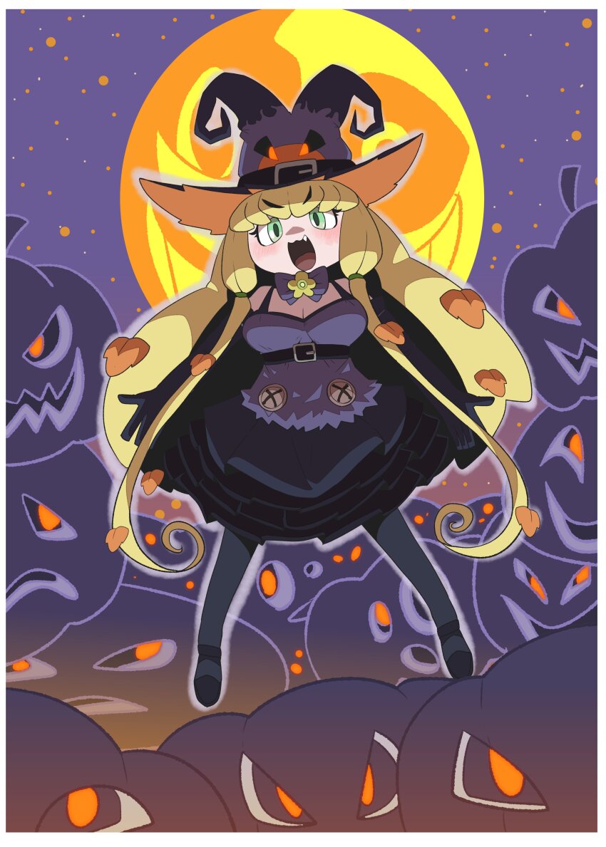 1girl absurdres bare_shoulders belt blonde_hair bow bowtie dress elbow_gloves full_body full_moon gloves green_eyes halloween hat highres jack-o&#039;-lantern_(kemono_friends) kemono_friends kemono_friends_3 leaf long_hair looking_at_viewer maple_leaf moon night night_sky onaji_(sokudo_seigen) pantyhose pumpkin purple_dress shoes skirt sky witch_hat