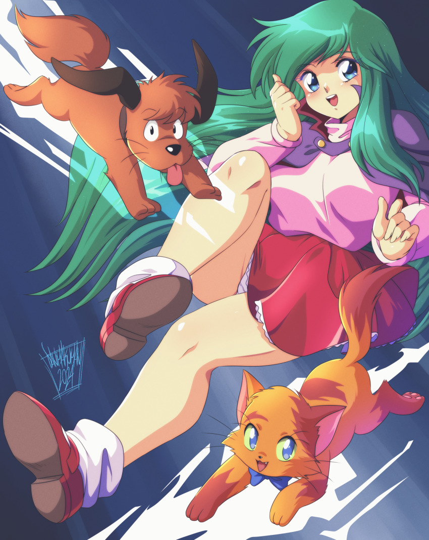 1girl alpha_(dream_hunter_rem) ayanokouji_rem beta_(dream_hunter_rem) blue_eyes capelet cat danmakuman dog dream_hunter_rem green_hair highres leg_up long_hair miniskirt open_mouth panties panty_peek pink_shirt purple_capelet red_shoes red_skirt shirt shoes skirt smile socks thighs underwear white_panties white_socks
