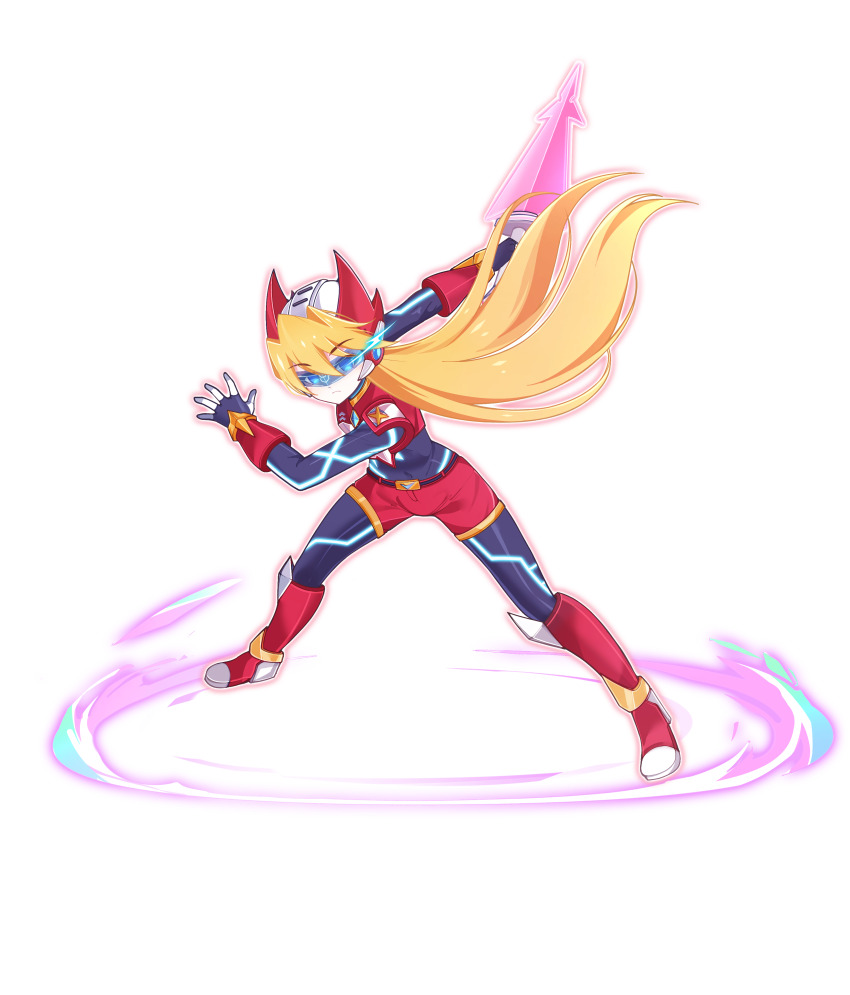 1girl absurdres aizeis alternate_costume alternate_hairstyle armor armored_boots belt blonde_hair blue_eyes bodystocking boots breasts chest_jewel ciel_(mega_man) closed_mouth commission commissioner_upload energy_sword eyelashes fake_horns forehead_jewel full_body gauntlets gloves helmet highres holding holding_weapon horned_helmet horns knee_boots knee_pads long_hair looking_at_viewer mechanical_ears mega_man_(series) mega_man_zero_(series) mega_man_zx model_o_(mega_man) non-web_source petite shorts shoulder_armor small_breasts solo standing sword transparent_background weapon
