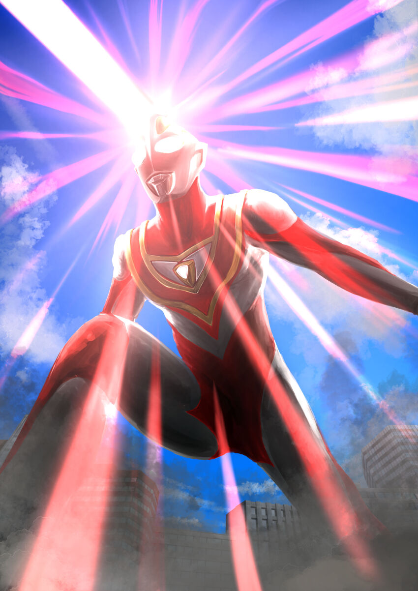 1boy absurdres alien armor arms_behind_back attack_trail blue_sky breastplate building city cityscape cloud cloudy_sky color_timer colored_skin commentary compound_eyes day dorsal_fin dust_cloud energy energy_beam feet_out_of_frame from_below gattyo giant glowing glowing_eyes head_down highres knee_up legs_apart looking_up male_focus multicolored_skin outdoors red_aura red_skin silver_skin sky skyscraper solo tokusatsu ultra_series ultraman_gaia ultraman_gaia_(series) white_eyes