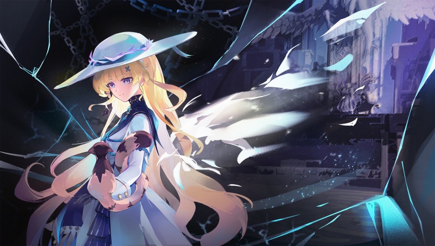 1girl absurdres animal black_gloves blonde_hair blurry blurry_background brooch casting_spell cat chain chinese_commentary commentary dress energy_wings from_side gloves hat highres holding holding_animal holding_cat huqu_(huqu45712) jewelry large_hat long_hair looking_at_animal looking_to_the_side magic orange_cat phoebe_(wuthering_waves) purple_eyes smile solo statue tacet_mark_(wuthering_waves) upper_body very_long_hair white_dress white_hat white_wings wings wuthering_waves