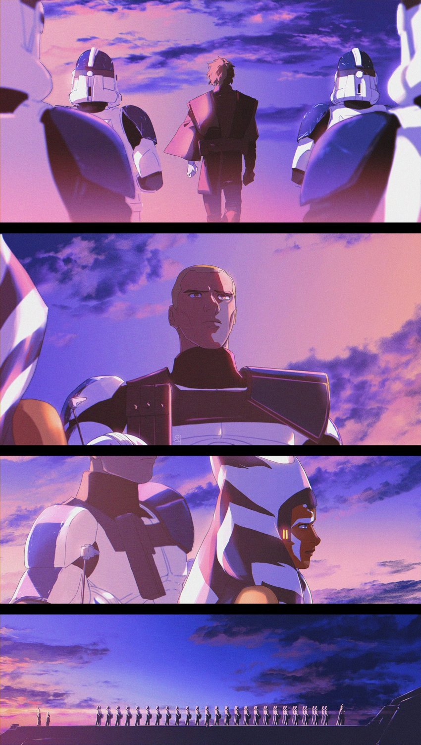 1girl 6+boys ahsoka_tano anakin_skywalker armor clone clone_trooper clone_wars helmet highres multiple_boys rex_(star_wars) sky star_wars star_wars:_the_clone_wars tagme