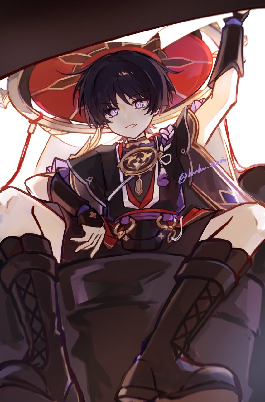 1boy absurdres arm_at_side arm_on_thigh arm_up armor black_bodysuit black_boots black_hair black_pants black_shorts black_sleeves blunt_ends bodysuit boots eyeliner eyeshadow frilled_sleeves frills from_below furisode genshin_impact gold gold_trim grey_trim hat highres huhu_norii japanese_armor japanese_clothes jewelry jingasa kimono kote kurokote lace-up_boots light_blush looking_at_viewer looking_down makeup male_focus mandarin_collar manspreading mitsudomoe_(shape) neck_ring o-ring open_mouth pants purple_eyes purple_rope purple_sash purple_sleeves red_eyeliner red_eyeshadow red_hat red_sash rope sash scaramouche_(genshin_impact) shimenawa shorts sitting smile solo tassel tomoe_(symbol) tsurime twitter_username white_background white_mouth white_rope wispy_bangs
