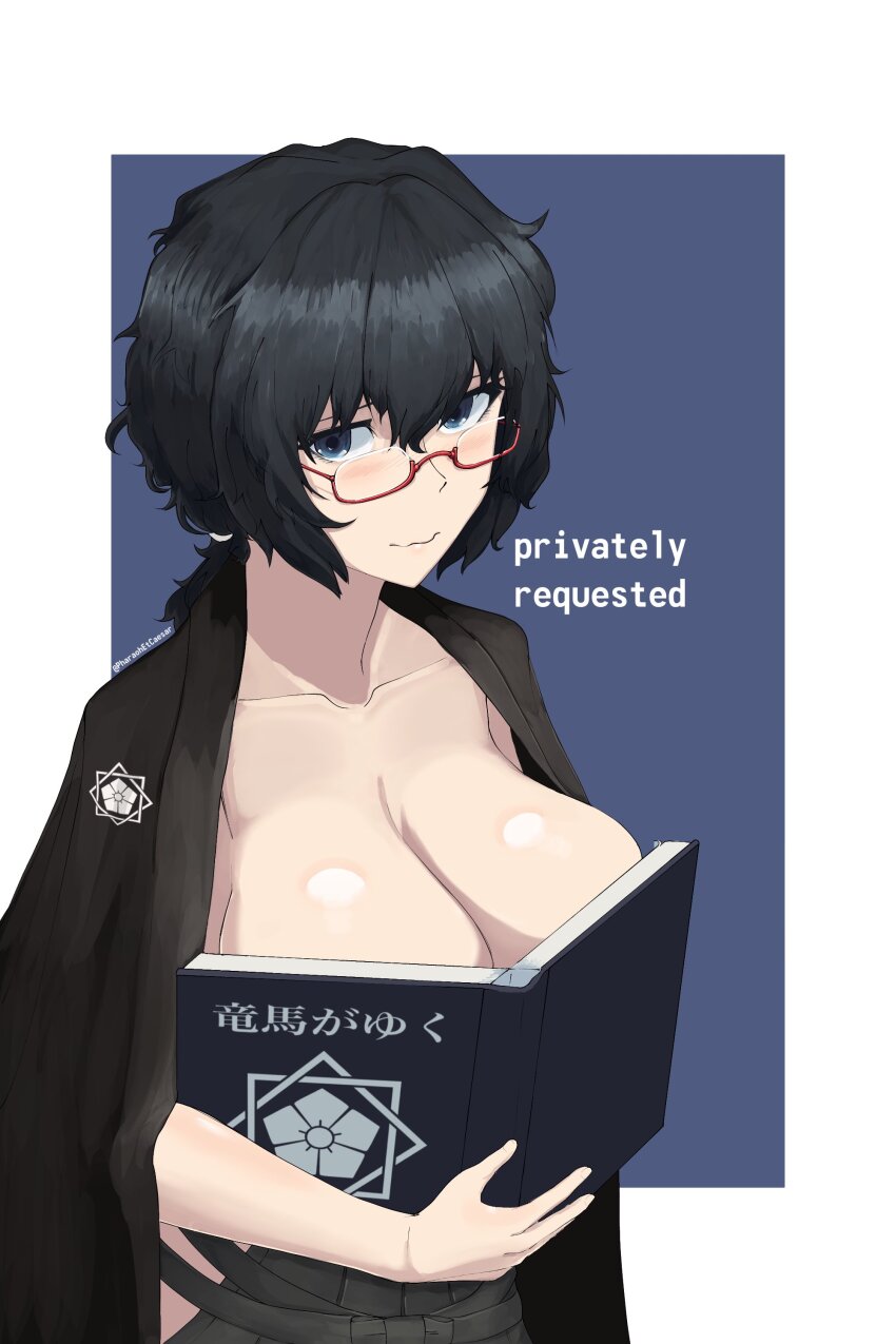 1girl absurdres black_eyes black_hair boobs_in_book_(meme) book breasts collarbone girls_und_panzer highres holding large_breasts looking_at_viewer meme oryou_(girls_und_panzer) pharaohetcaesar semi-rimless_eyewear simple_background smile solo standing