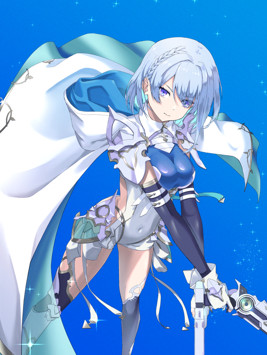 1girl armor bare_shoulders black_sleeves black_thighhighs blue_cape blue_eyes blue_hair bodysuit breasts cape covered_navel detached_sleeves dreizehn_(shadowverse) dual_wielding faulds flatbox gloves highres holding large_breasts medium_hair shadowverse shadowverse:_worlds_beyond shoulder_armor solo thighhighs two-sided_cape two-sided_fabric white_bodysuit white_cape white_gloves