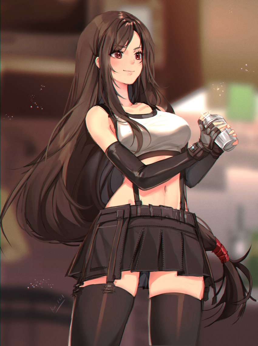 1girl absurdres artist_name black_skirt black_thighhighs blurry blurry_background brown_hair closed_mouth commentary elbow_gloves female_focus final_fantasy final_fantasy_vii final_fantasy_vii_remake fingernails gloves highres holding ku-ini lips long_hair low-tied_long_hair midriff miniskirt navel shaker shiny_clothes signature simple_background skirt smile solo stomach suspender_skirt suspenders tank_top thighhighs tifa_lockhart zettai_ryouiki