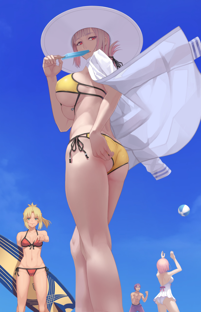 1boy 3girls adjusting_clothes adjusting_swimsuit alternate_costume artist_request ass ball bare_legs beachball bikini blonde_hair braid breasts cleavage commentary_request curvy eating fate/grand_order fate_(series) florence_nightingale_(chaldea_lifesavers)_(fate) florence_nightingale_(fate) food from_side front-tie_bikini_top front-tie_top goggles hat highres jacket jacket_on_shoulders lancelot_(fate/grand_order) lancelot_(strongest_knight_of_summer)_(fate) large_breasts light_purple_hair long_hair mash_kyrielight mash_kyrielight_(swimsuit_of_perpetual_summer) mordred_(fate) mordred_(fate/apocrypha) mordred_(swimsuit_rider)_(fate) mordred_(swimsuit_rider)_(first_ascension)_(fate) multiple_girls official_alternate_costume one-piece_swimsuit pink_hair pointing popsicle red_bikini red_eyes short_hair side-tie_bikini_bottom single_braid sky sly sunlight surfboard swimsuit takehisa_tomoe thong thong_bikini underboob very_long_hair walking white_one-piece_swimsuit wide_hips yellow_bikini