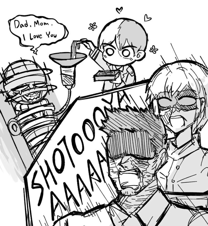 1girl 3boys artist_request boku_no_hero_academia brothers burn_scar chibi chibi_inset chopsticks collared_shirt dabi_(boku_no_hero_academia) endeavor_(boku_no_hero_academia) father_and_son food imminent_death monochrome mother_and_son multicolored_hair multiple_boys noodles scar scar_across_eye scar_on_face shirt short_hair siblings soba source_request todoroki_rei todoroki_shouto