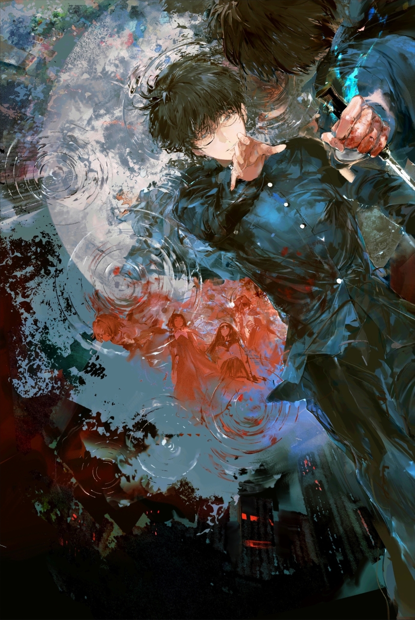 2boys 4girls absurdres arcueid_brunestud black-framed_eyewear black_hair black_jacket black_pants blood blood_in_water blood_on_clothes blood_on_hands blue_eyes blue_jacket buttons ciel_(tsukihime) closed_mouth dual_persona eyelashes fingernails gakuran glasses highres holding holding_knife injury jacket knife kohaku_(tsukihime) leaning_forward light_smile long_sleeves lying lying_on_water male_focus multiple_boys multiple_girls nanaya_shiki necessarytothink on_back palms pants procreate_(medium) reaching reflection reflective_water ripples school_uniform short_hair tohno_akiha tohno_shiki tsukihime
