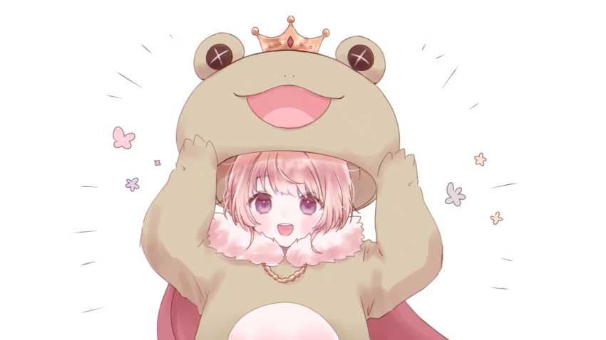 1boy 1girl adjusting_clothes adjusting_headwear animal_costume cape frog_costume fur-trimmed_cape fur_trim highres idolmaster idolmaster_side-m looking_at_viewer male_focus mascot_costume mi_oxo_9m open_mouth pierre_bichelberger purple_eyes red_cape simple_background solo