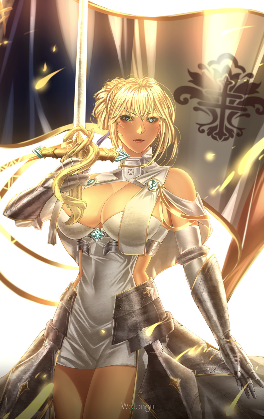 absurdres armor armored_skirt artist_name azur_lane bare_shoulders blonde_hair blue_eyes blue_gemstone breast_curtains breasts cleavage commentary cowboy_shot dress english_commentary french_flag gauntlets gem gold_trim highres holding holding_sword holding_weapon iris_libre_(emblem) jeanne_d&#039;arc_(azur_lane) large_breasts long_hair microdress red_lips simple_background standing sword weapon white_background white_dress wotengu