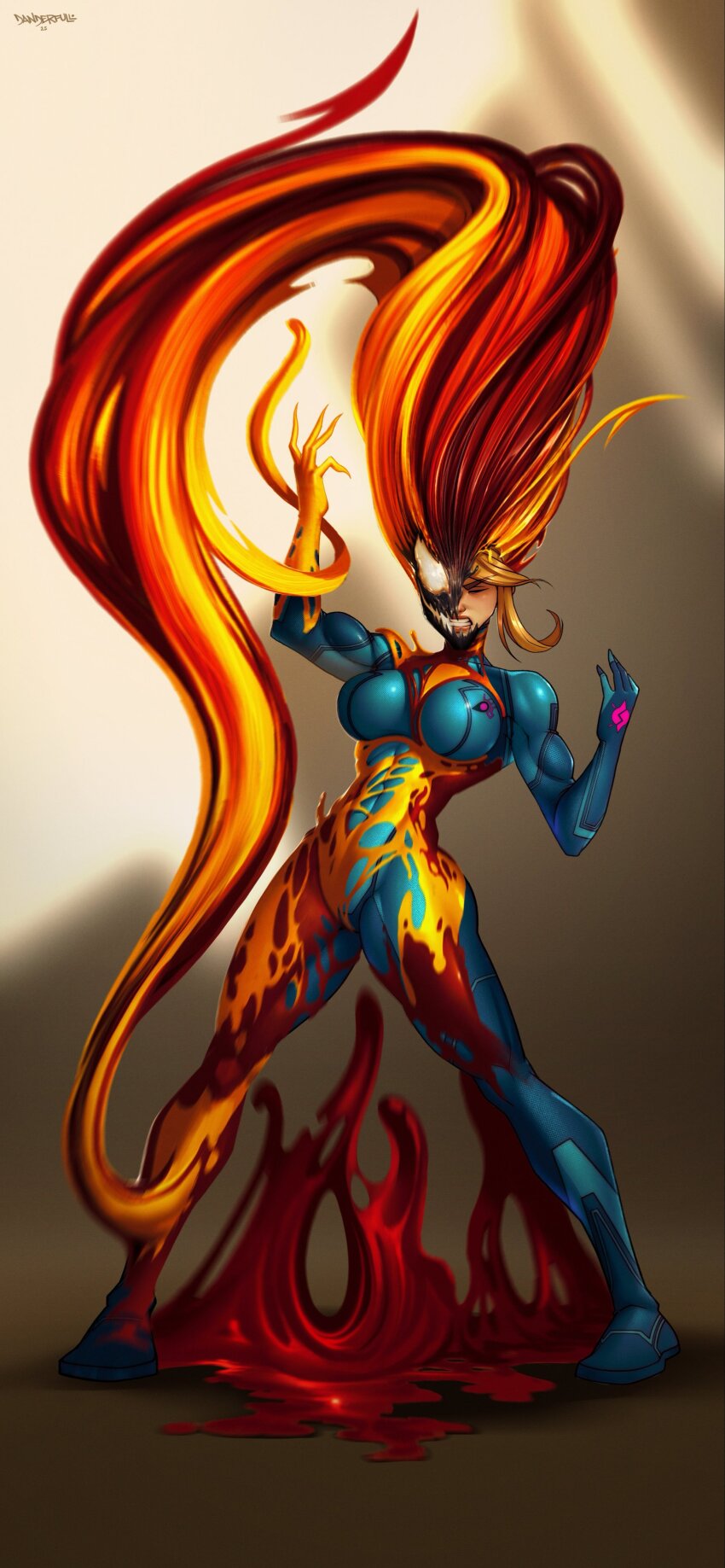 1girl absurdres blonde_hair bodysuit breasts clenched_teeth danderfull full_body highres large_breasts living_clothes marvel metroid multicolored_bodysuit muscular muscular_female nintendo patterned_skin possessed resisting restrained samus_aran scream_(marvel) simple_background skin_tight smile spider-man_(series) symbiote teeth zero_suit