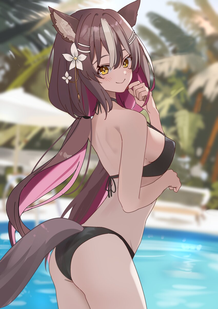 1girl absurdres animal_ear_fluff animal_ears ass bare_shoulders bikini black_bikini breasts brown_hair bunbun_(midukikome) chisaka_airi closed_mouth colored_inner_hair commentary commission english_commentary flower from_side hair_flower hair_ornament hairclip hairpin halterneck highres long_hair looking_at_viewer medium_breasts multicolored_hair multiple_hairpins outdoors palm_leaf palm_tree phase_connect pink_hair pool poolside second-party_source smile solo standing swimsuit tail tree virtual_youtuber wolf_ears wolf_girl wolf_tail yellow_eyes