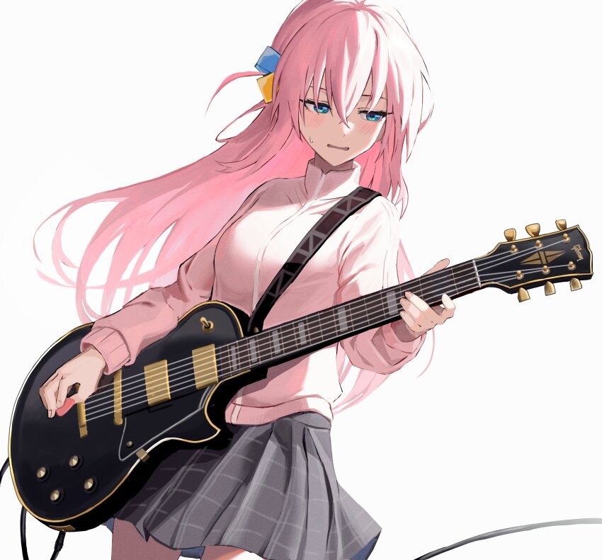 1girl absurdres blue_eyes blush bocchi_the_rock! cube_hair_ornament electric_guitar franz2543 gibson_les_paul gotoh_hitori grey_skirt guitar hair_between_eyes hair_ornament highres holding holding_instrument instrument jacket long_hair music one_side_up open_mouth pink_hair pink_jacket plaid_clothes plaid_skirt playing_instrument pleated_skirt simple_background skirt solo track_jacket white_background
