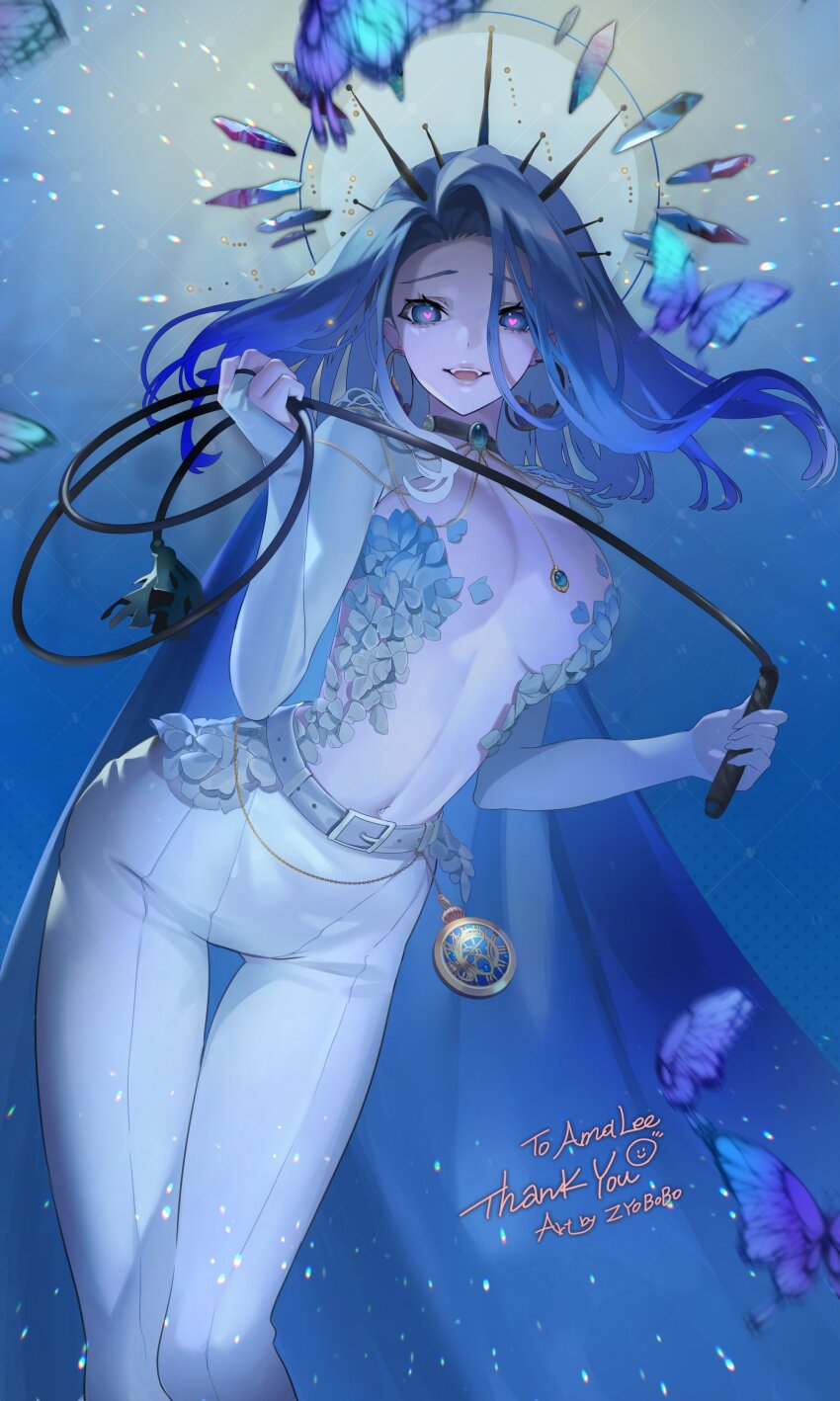 1girl absurdres artist_name belt belt_buckle blue_cape blue_hair blue_scales breasts bridal_gauntlets brooch buckle bug butterfly cape choker commentary commission cowboy_shot crystal_shards detached_sleeves earrings evil_smile forehead hair_ornament hair_stick halo halo_behind_head heart heart-shaped_pupils high-waist_pants highres holding holding_whip hoop_earrings indie_virtual_youtuber insect jewelry long_hair long_sleeves looking_at_viewer medium_breasts monarch_(amalee) monarch_(1st_costume)_(amalee) multiple_necklaces navel no_shirt pants pocket_watch skeb_commission smile solo symbol-shaped_pupils virtual_youtuber watch watermark whip white_belt white_pants zyo_bo_bo
