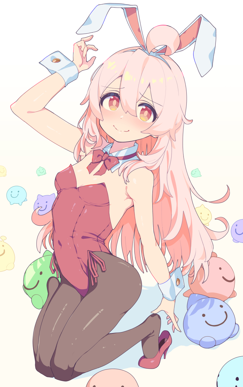 1girl ahoge animal_ears bare_shoulders breasts brown_pantyhose closed_mouth commentary_request covered_navel detached_collar fake_animal_ears high_heels highleg highleg_leotard highres kneeling leotard long_hair looking_at_viewer neck_ribbon onii-chan_wa_oshimai! orange_eyes oyama_mahiro pantyhose pink_hair playboy_bunny rabbit_ears red_leotard ribbon santa_(sunflower) sidelocks simple_background small_breasts smile solo thighs wrist_cuffs