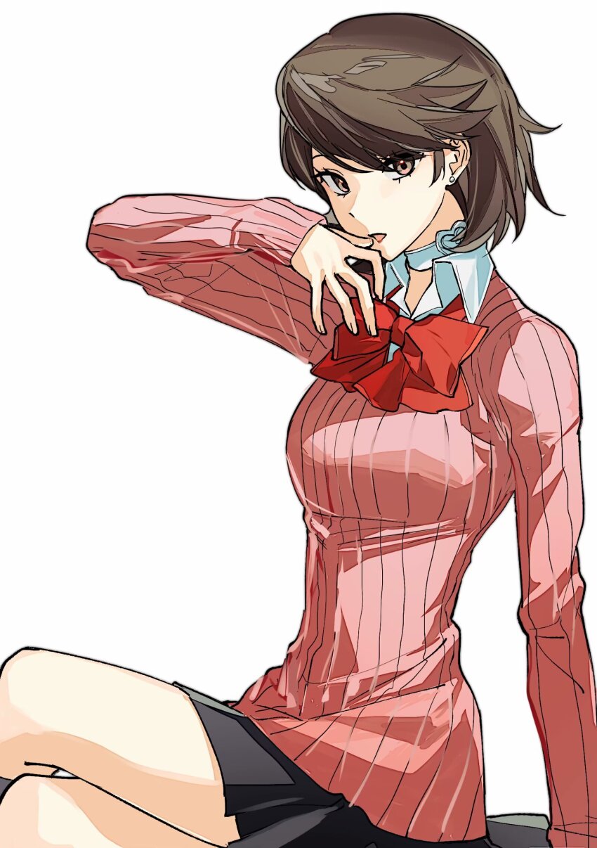 1girl bow bowtie brown_eyes brown_hair cardigan choker covering_own_mouth crossed_legs earrings eca_leaf hand_over_own_mouth highres jewelry legs_together looking_at_viewer miniskirt open_mouth persona persona_3 pink_cardigan red_bow red_bowtie sitting skirt stud_earrings takeba_yukari white_background white_choker