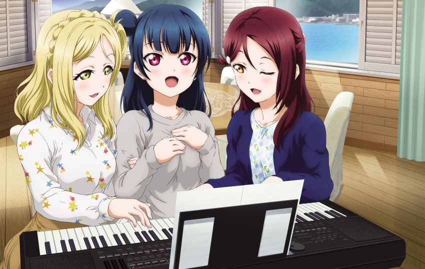 3girls artbook blonde_hair blue_hair blush braid chair collarbone collared_shirt crown_braid curtains floral_print grey_shirt hair_bun hair_ornament hairclip highres indoors instrument keyboard_(instrument) long_hair long_sleeves love_live! love_live!_sunshine!! multiple_girls music non-web_source official_art ohara_mari one_eye_closed open_mouth piano playing_instrument purple_eyes red_hair sakurauchi_riko sheet_music shirt single_hair_bun sitting skirt smile star_(symbol) sweater tsushima_yoshiko white_shirt window wooden_floor yellow_eyes