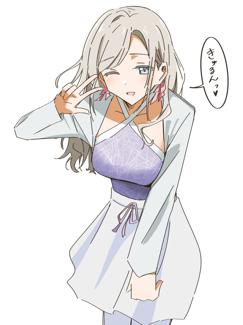 1girl ;d blue_eyes blush breasts ceras_yanagida_lilienfeld ceras_yanagida_lilienfeld_(summer_training_wear) collarbone cowboy_shot criss-cross_halter grey_hair hair_intakes hair_ribbon halter_shirt halterneck heart highres jacket leaning_forward link!_like!_love_live! long_sleeves looking_at_viewer love_live! medium_breasts official_alternate_costume one_eye_closed open_clothes open_jacket open_mouth pantyhose pink_ribbon purple_shirt ribbon shirt simple_background skirt smile solo spoken_heart suitou_(suitou_55) swept_bangs virtual_youtuber w w_over_eye white_background white_jacket white_pantyhose white_skirt
