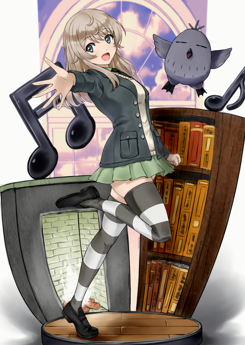 1girl bird black_jacket blonde_hair blue_sky book chimney cloud highres indoors jacket long_hair looking_at_viewer luminous_witches memory_(prophet5) moffy_(luminous_witches) musical_note open_mouth shoes skirt sky standing striped_clothes striped_thighhighs sweater thighhighs virginia_robertson window world_witches_series