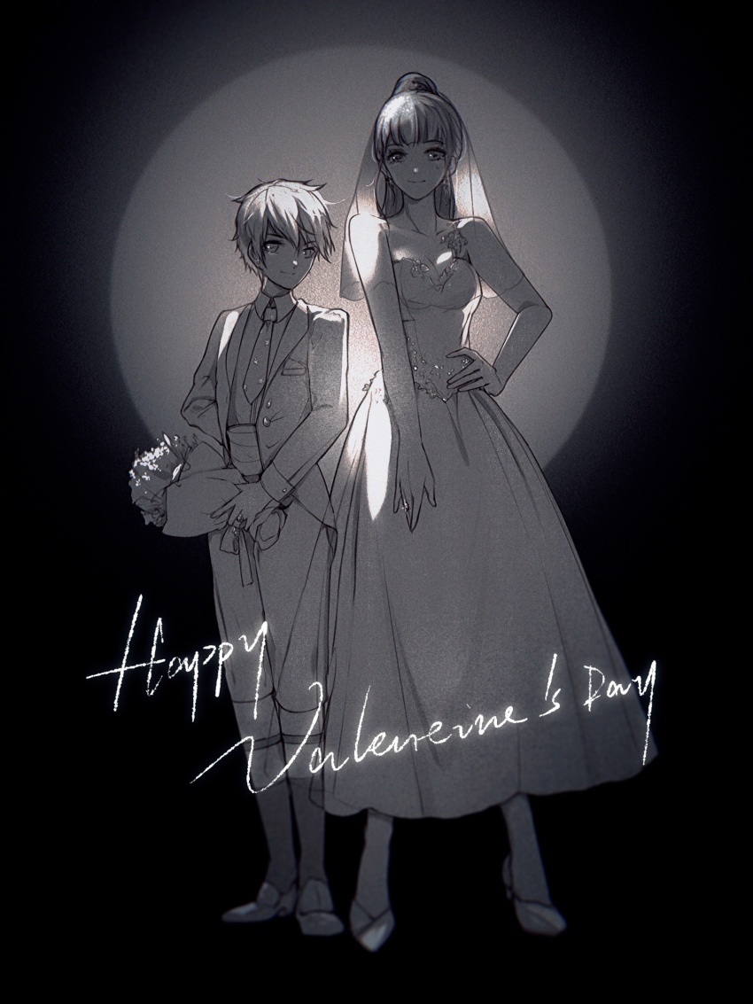 1boy 1girl absurdres ankle_socks backlighting bare_shoulders black_background blazer blunt_bangs bouquet breast_pocket brooch buttons chinese_commentary circle closed_mouth collarbone collared_jacket commentary_request dress dress_shoes elbow_gloves english_text flower flower_brooch full_body gloves greyscale hair_between_eyes hand_on_own_hip happy happy_valentine height_difference high-waist_pants high_heels highres holding holding_bouquet jacket lapels leg_belt loen_(shining_nikki) long_dress long_hair messy_hair monochrome nikki_(nikki) nikki_(series) notched_lapels open_clothes open_jacket pants pleated_dress pocket polka_dot_necktie ponytail shining_nikki short_hair smile socks standing stars_zhangzhang strapless strapless_dress veil very_long_hair
