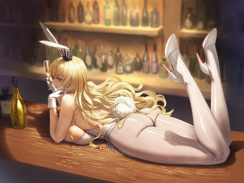 1girl alcohol animal_ears ass backless_leotard bar_(place) blonde_hair bottle breasts champagne_flute character_request crown cup drinking_glass fake_animal_ears fake_tail feet_up highres large_breasts leotard long_hair lying on_stomach pantyhose playboy_bunny qingmingtongzi rabbit_ears rabbit_tail smile solo strapless strapless_leotard tail warship_girls_r wavy_hair white_leotard white_pantyhose