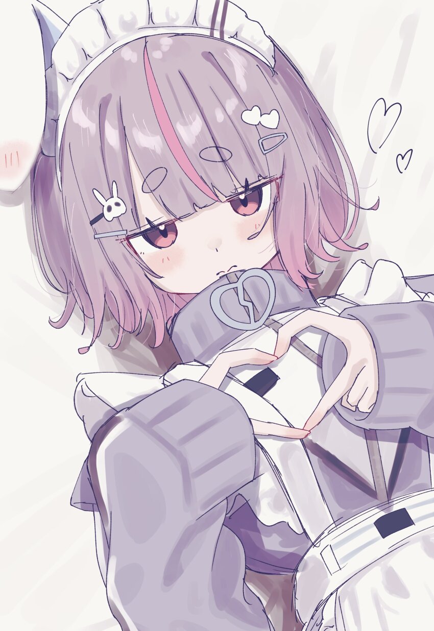 1girl four-finger_heart_hands absurdres animal_ear_hairband animal_ears apron blunt_bangs bob_cut cattleya_regina_games fake_animal_ears frilled_apron frills grey_jacket hair_ornament hairband hairpin heart heart_hair_ornament heart_hands high_collar highres jacket jersey_maid light_blush long_sleeves looking_at_viewer maid maid_apron maid_headdress multicolored_hair multiple_hairpins parted_bangs pink_eyes purple_hair rabbit_ears shimoyake_(lethal_penguin) simple_background sketch solo streaked_hair thick_eyebrows tosaki_mimi tosaki_mimi_(4th_costume) track_jacket unconventional_maid upper_body virtual_youtuber vspo! white_background