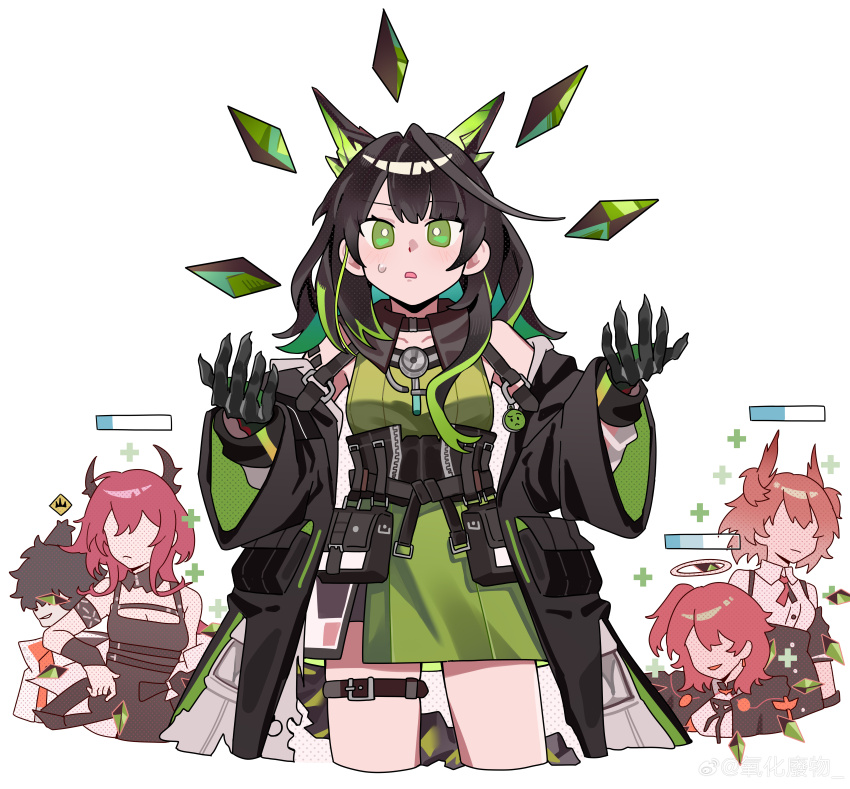 1boy 4girls aak_(arknights) absurdres ahoge arknights asymmetrical_sidelocks black_coat black_hair breasts coat dress exusiai_(arknights) exusiai_the_new_covenant_(arknights) fiammetta_(arknights) gameplay_mechanics green_dress green_eyes green_hair head_wings healing health_bar highres looking_at_viewer mon3tr_(arknights) multicolored_hair multiple_girls one_side_up open_clothes open_coat red_hair short_hair short_hair_with_long_locks sidelocks simple_background small_breasts streaked_hair surtr_(arknights) sweatdrop thigh_strap white_background wide_sleeves wings wwfo_2