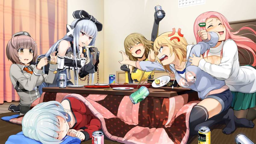 6+girls alcohol angry asuka_(cosmic_break_2) beer black_dress blonde_hair blue_eyes blush can chihiro_(cosmic_break_2) chopsticks cosmic_break cosmic_break_2 detached_sleeves dress drunk elbowing hair_ornament hair_tie hairclip hat highres hood hoodie ivis jpeg_artifacts kotatsu long_hair loretta_(cosmic_break_2) masochism matoi_(cosmic_break_2) meme_attire multiple_girls necktie official_art open-chest_sweater pantyhose pink_hair red_eyes rei_(cosmic_break) short_hair shorts siblings sisters sleeping smile sweater table tank_top teasing thighhighs uniform wakaba_sprout white_hair yellow_eyes