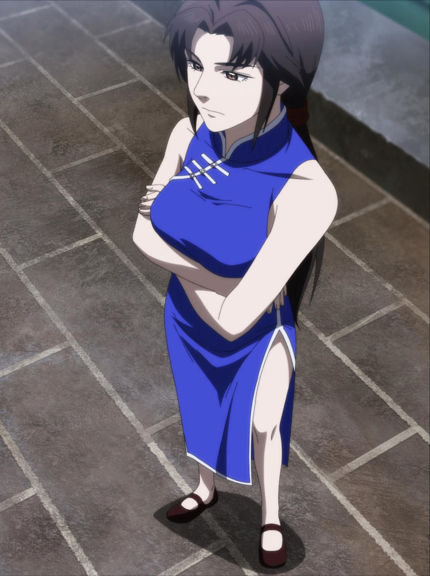 1girl absurdres anime_screenshot bare_legs blue_dress breasts brown_eyes crossed_arms dress highres hong_xiu_ying large_breasts long_hair ponytail sega shenmue shenmue_the_animation standing stitched third-party_edit